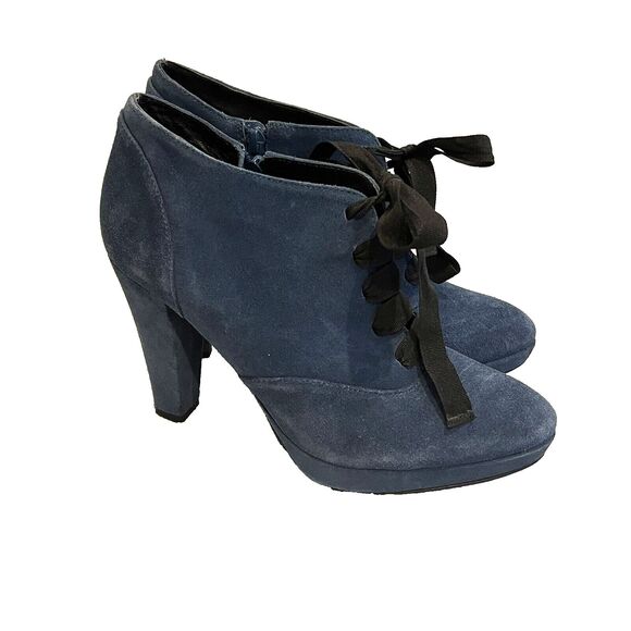 BODEN Blue Suede Booties Heels US 8.5EU 40 Women’s Retro Fairy Whimsygoth Lace